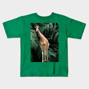 Long Necked Giraffe Surrounded by Green Leaves Kids T-Shirt